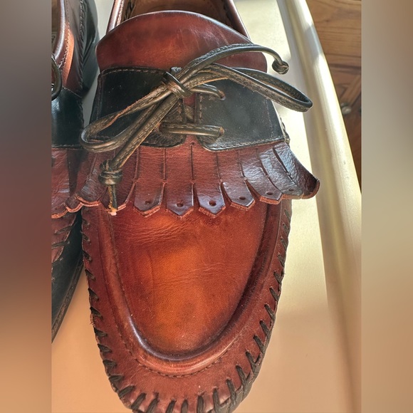 Lorenzo Banf Brown Black & Green Leather Loafers Hand made. Visible Stitching S8 - Picture 2 of 9